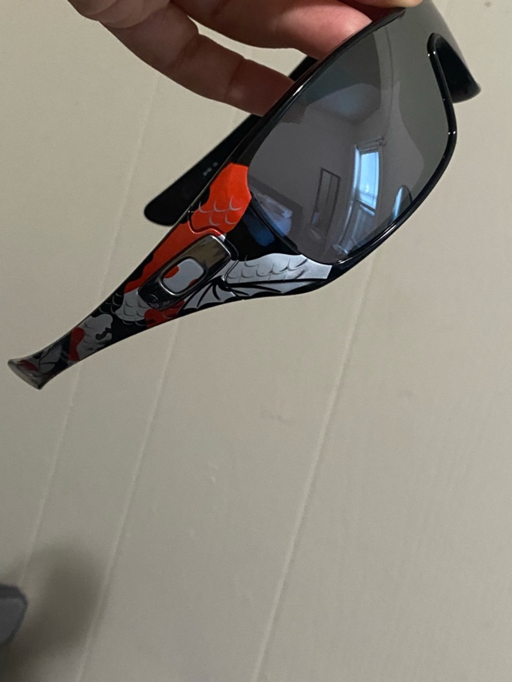 Oakley Sunglasses Black Frame with Red and White Koi Graphic